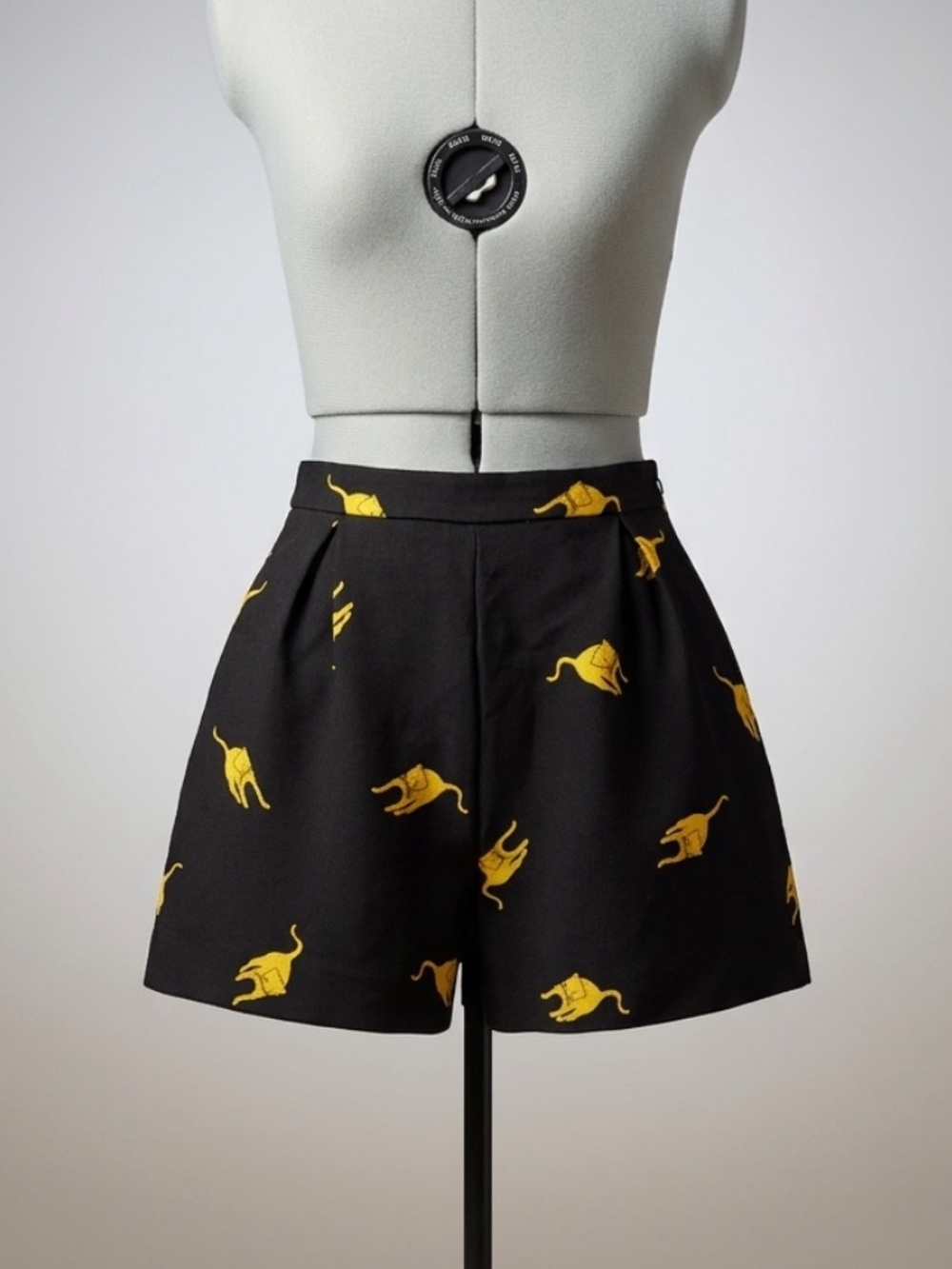 Miu Miu High-Waist Shorts w/ Yellow Cat Print, Black, pockets, 38, never worn